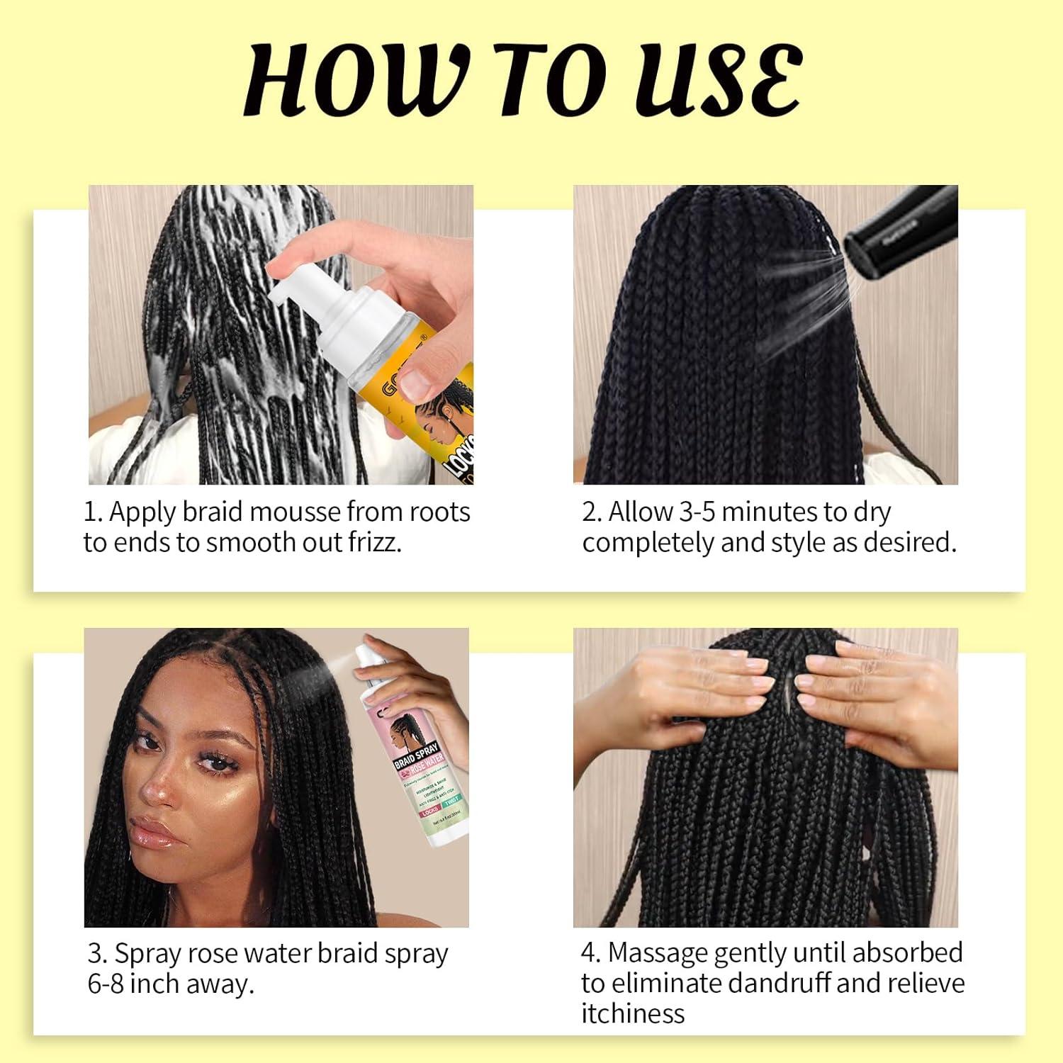 imageBraid Foam Control Mousse Hair Braiding Mousse for Twist Locs Braids Lightweight Braid Spray Rose Mint for Dreads Dreadlocks Locks Spray Rose Water for Itchy Scalp 2PCS