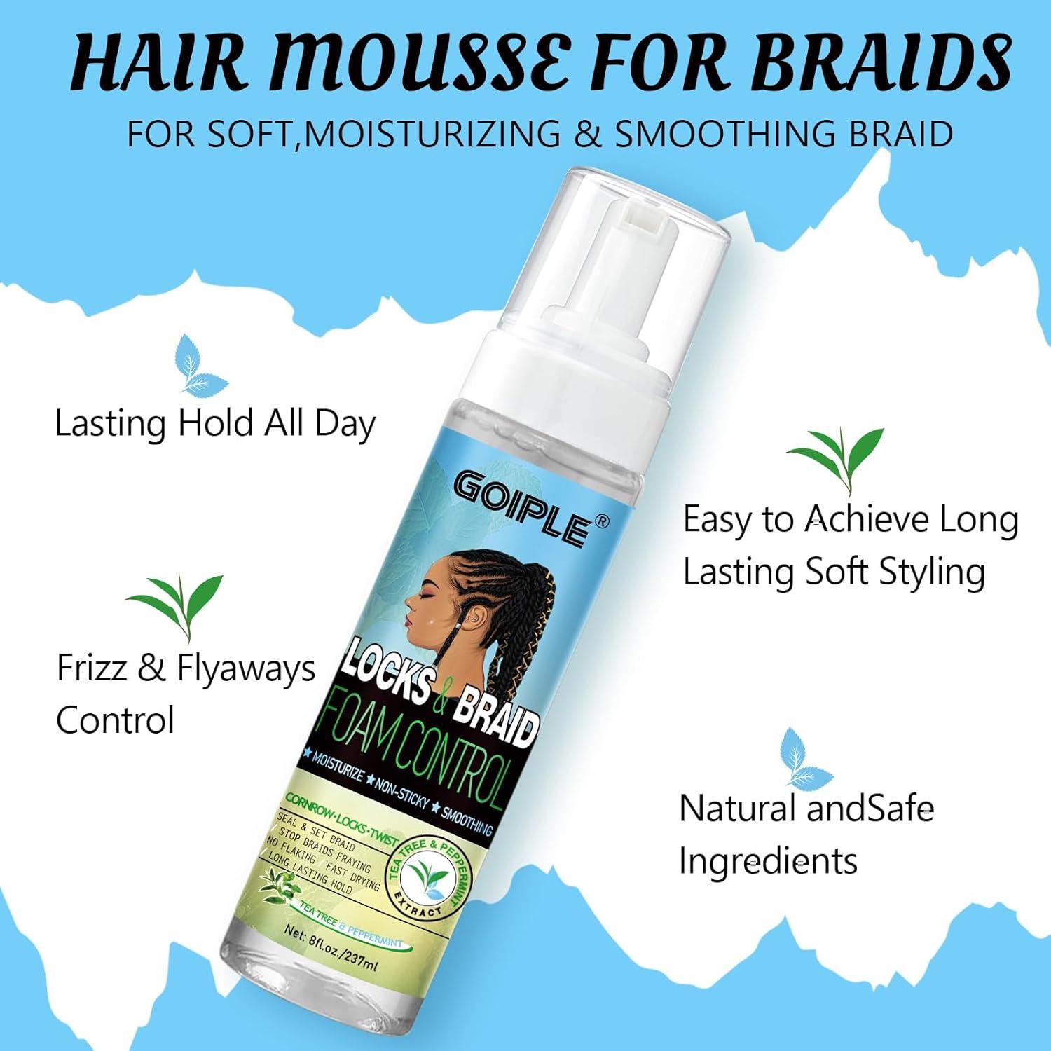 imageBraid Foam Control Mousse for Braids Twist Locs No Flake Extra Hold High Shine Moisturizes Lightweight Smooth Easy to Apply 4pcstea tree8 fl oz