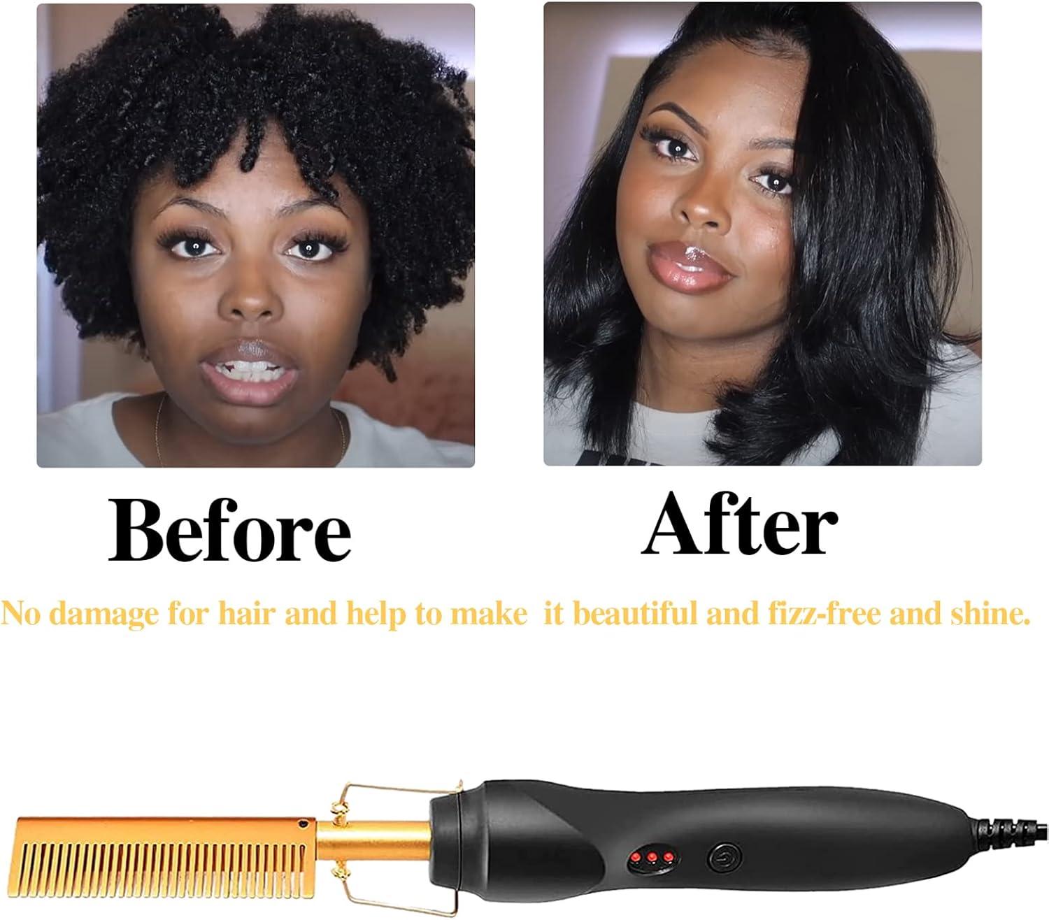 imageElectric Hot Comb Hair Straightener Deluxe Electrical Straightening Comb Curling Iron for Natural Black Wigs Hot Comb Electric for Wigs Pressing Combs with Wig Glue Melting Spray Hair Wax StickGold12pcs