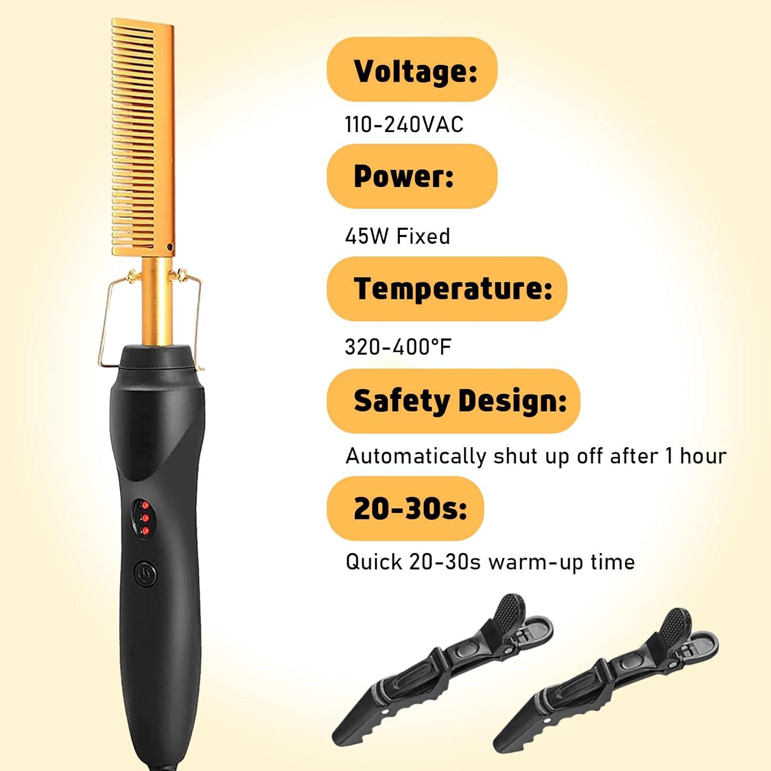 imageElectric Hot Comb Hair Straightener Deluxe Electrical Straightening Comb Curling Iron for Natural Black Wigs Hot Comb Electric for Wigs Pressing Combs with Wig Glue Melting Spray Hair Wax StickGold52pcs