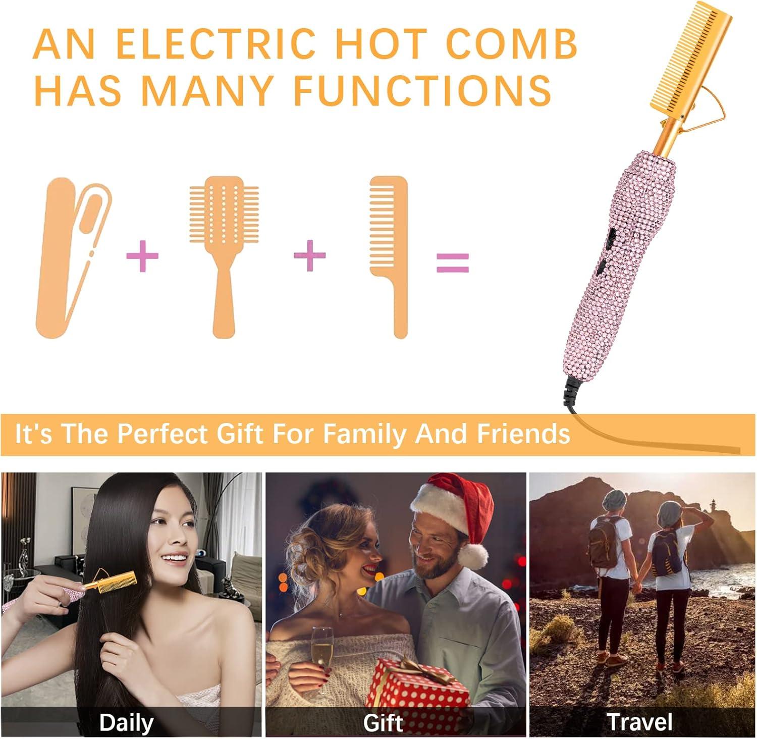 imageElectric Hot Comb Hair Straightener Deluxe Electrical Straightening Comb Curling Iron for Natural Black Wigs Hot Comb Electric for Wigs Pressing Combs with Wig Glue Melting Spray Hair Wax StickGold