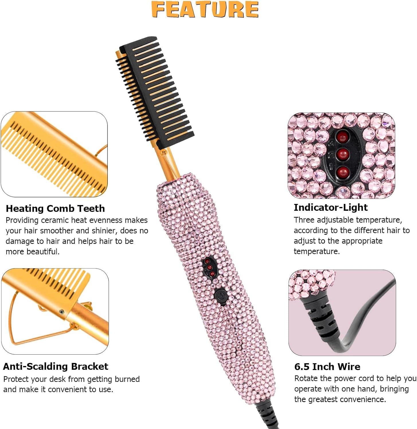 imageElectric Hot Comb Hair Straightener Deluxe Electrical Straightening Comb Curling Iron for Natural Black Wigs Hot Comb Electric for Wigs Pressing Combs with Wig Glue Melting Spray Hair Wax StickGold