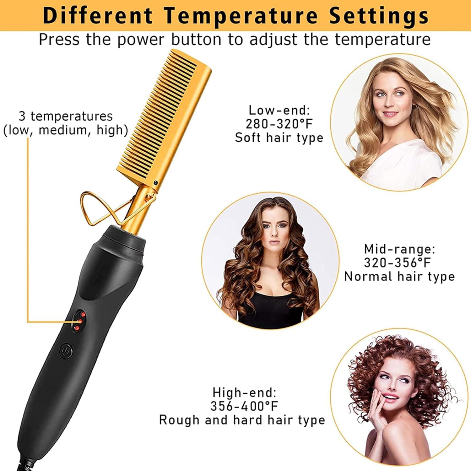 imageElectric Hot Comb Hair Straightener Deluxe Electrical Straightening Comb Curling Iron for Natural Black Wigs Hot Comb Electric for Wigs Pressing Combs with Wig Glue Melting Spray Hair Wax StickGold12pcs