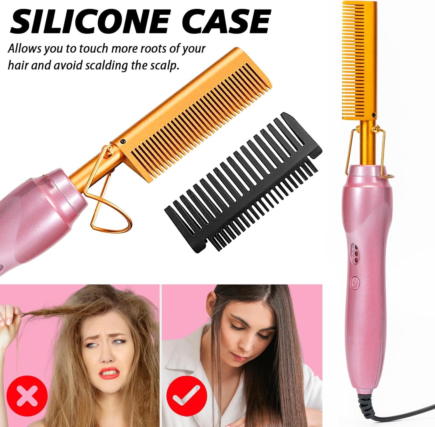 imageElectric Hot Comb Hair Straightener Heat Pressing Combs Ceramic Curling Flat Iron Curler Hot Comb Electric for Wigs Electrical Straightening Comb Curling Iron for Natural Hair with AntiScald Case