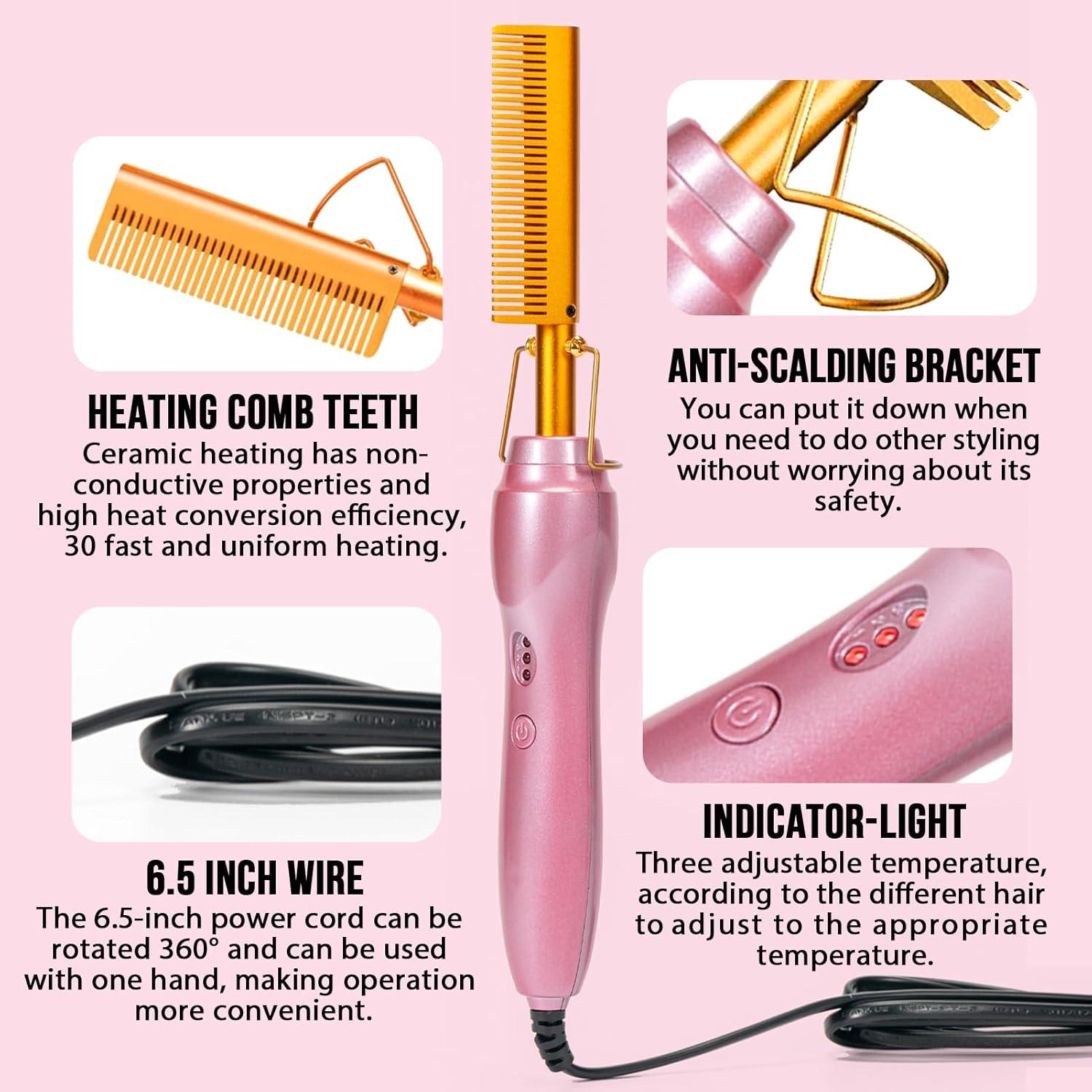 imageElectric Hot Comb Hair Straightener Heat Pressing Combs Ceramic Curling Flat Iron Curler Hot Comb Electric for Wigs Electrical Straightening Comb Curling Iron for Natural Hair with AntiScald Case