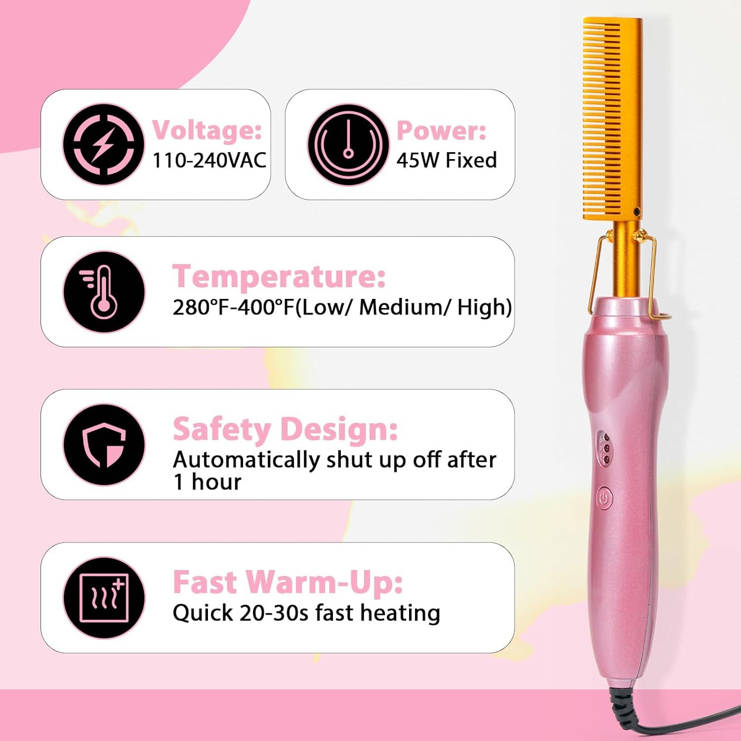 imageElectric Hot Comb Hair Straightener Heat Pressing Combs Ceramic Curling Flat Iron Curler Hot Comb Electric for Wigs Electrical Straightening Comb Curling Iron for Natural Hair with AntiScald Case