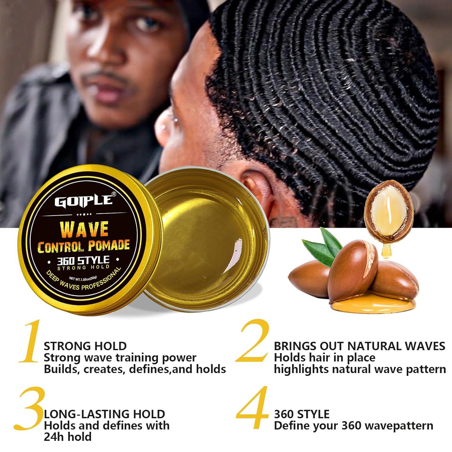 imageGoiple 360 Wave Shampoo Wave Pomade Strong Hold 360 Training Hair Cream Wave Butter for Men Pocket Palm Brush Curved Brush Silky Durags for Men Extra Long Tails Wave Brush Wave Cap Set