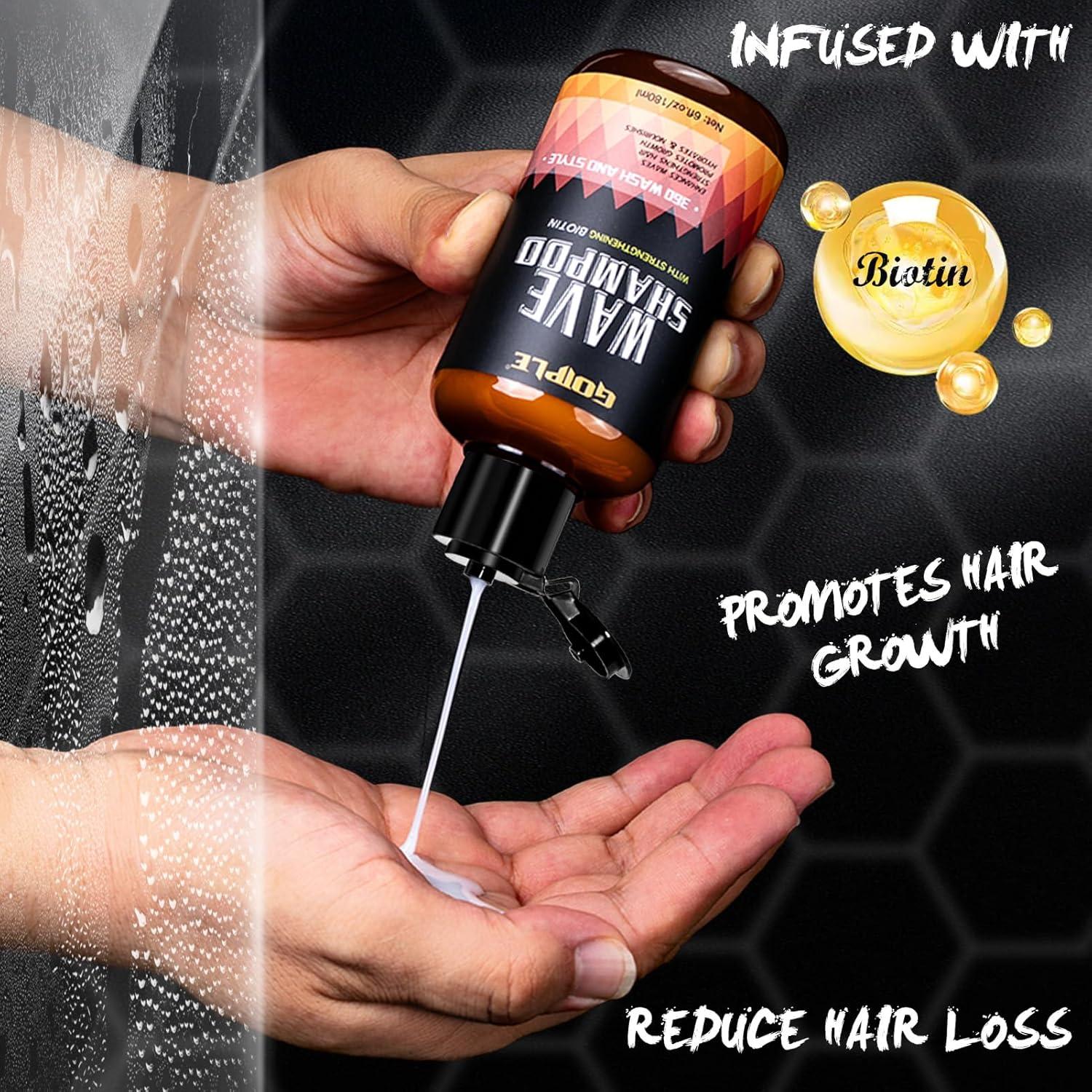 imageGoiple 360 Wave Shampoo Wave Pomade Strong Hold 360 Training Hair Cream Wave Butter for Men Pocket Palm Brush Curved Brush Silky Durags for Men Extra Long Tails Wave Brush Wave Cap Set