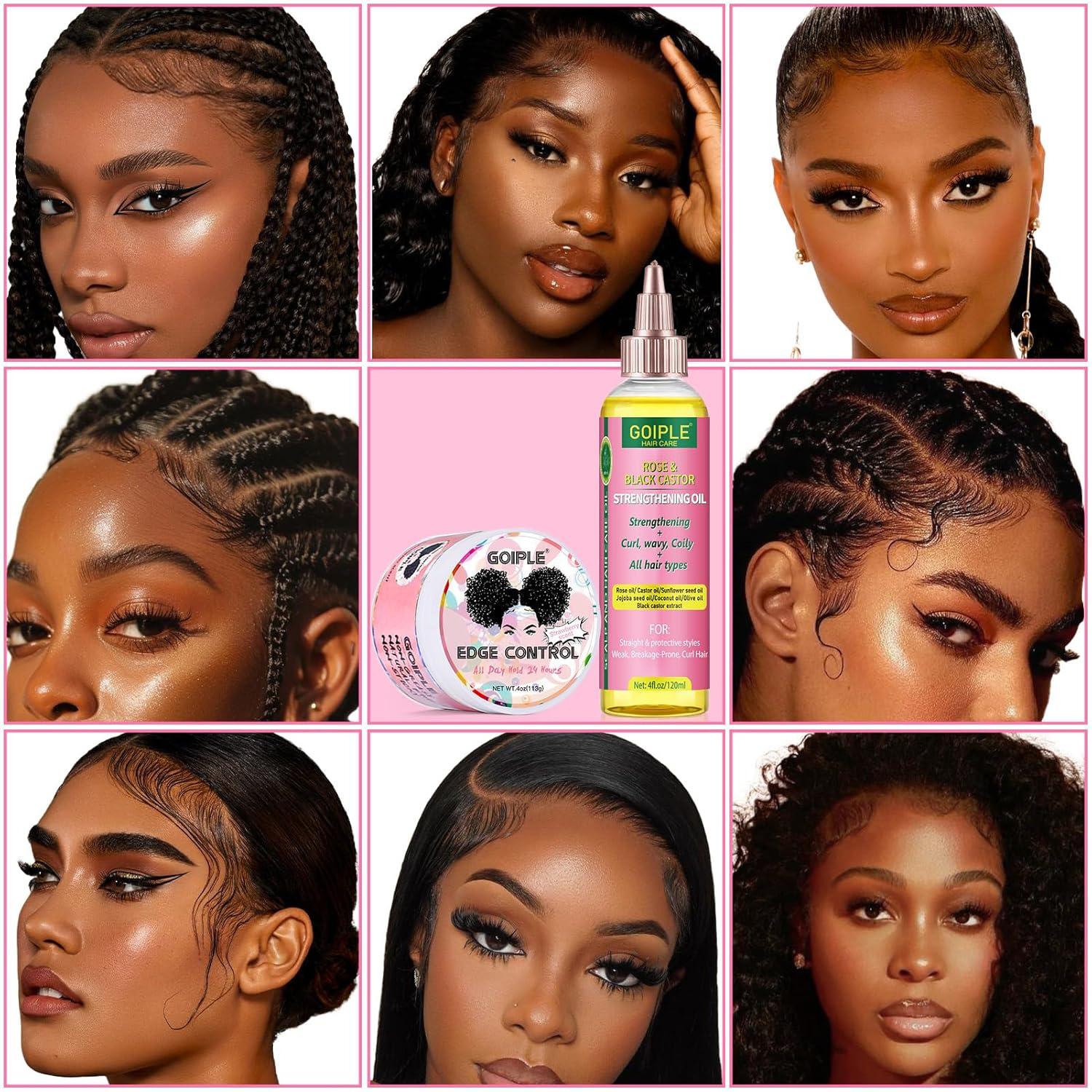 imageGoiple Edge Control Wax for Women Strong Hold Nongreasy Edge Smoother Strawberry Scent Edge Control Wax Edge Scarf Hair Bonnet PinkEdge Control Set7pcs