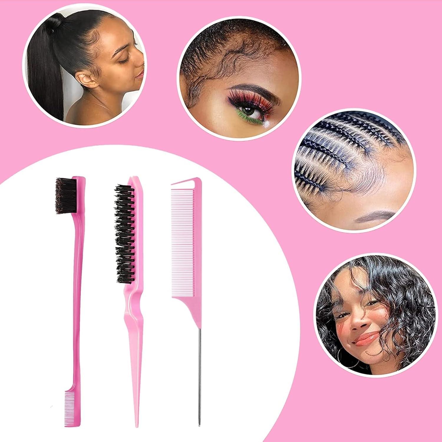 imageSlick Back Hair Brush ampamp Wax Stick Set for Slick Back Hair Teasing Boar Bristle Hair Brush for Sleek Control Flyaways ampamp Baby Hairs Wax Stick for Women Sectioning ampamp Smoothing Ponytail BunPink Comb Set12pcs