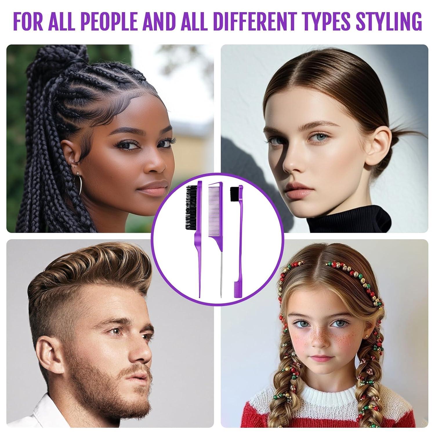 imageSlick Back Hair Brush ampamp Wax Stick Set for Slick Back Hair Teasing Boar Bristle Hair Brush for Sleek Control Flyaways ampamp Baby Hairs Wax Stick for Women Sectioning ampamp Smoothing Ponytail BunPurple