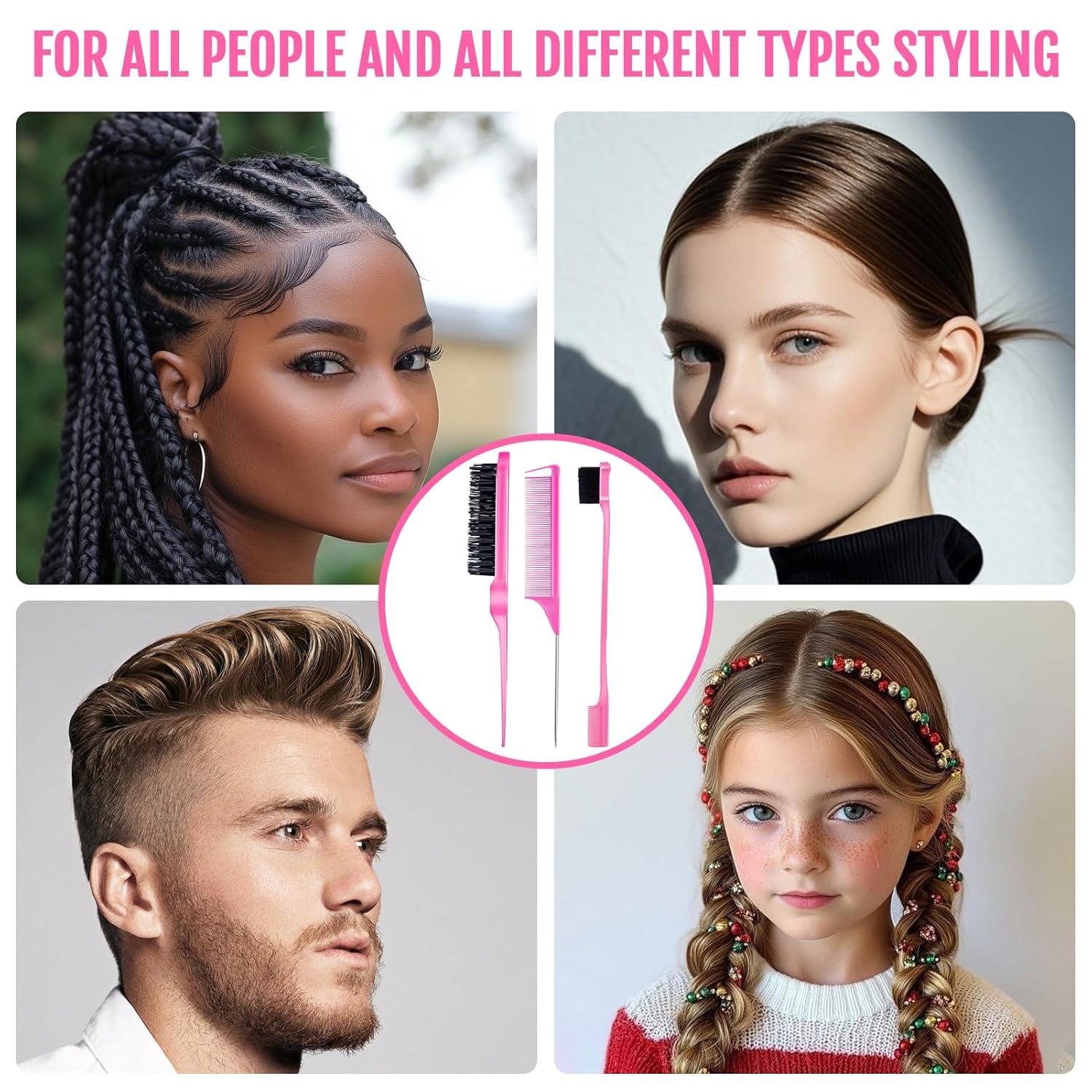 imageSlick Back Hair Brush ampamp Wax Stick Set for Slick Back Hair Teasing Boar Bristle Hair Brush for Sleek Control Flyaways ampamp Baby Hairs Wax Stick for Women Sectioning ampamp Smoothing Ponytail BunPink