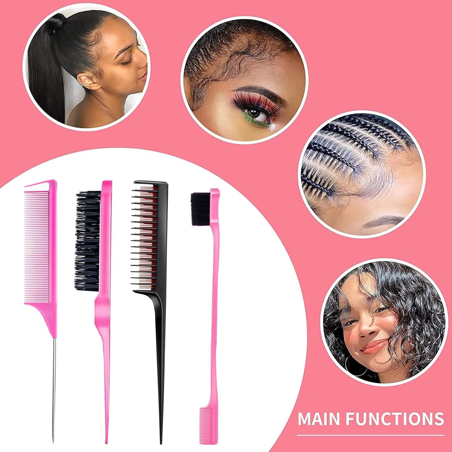 imageSlick Back Hair Brush ampamp Wax Stick Set for Slick Back Hair Teasing Boar Bristle Hair Brush for Sleek Control Flyaways ampamp Baby Hairs Wax Stick for Women Sectioning ampamp Smoothing Ponytail BunPinkBlack8pcs