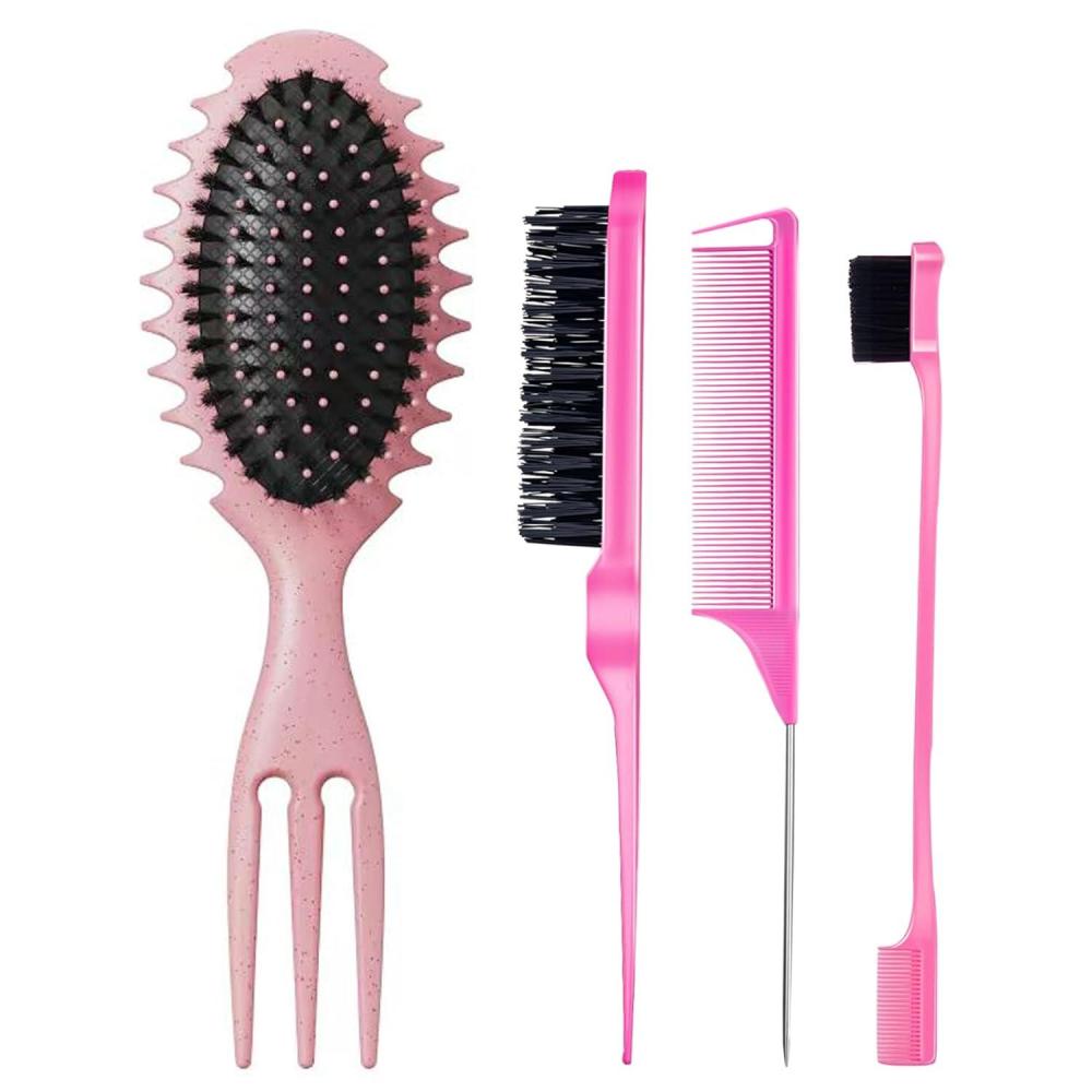 imageCurly Hair Boar Bristle Curl Defining Brush for Curl Wave Straight Hair Unique Trident Handle Design Defineing Brush for Wet Dry Hairs Styling Massage Hairbrush Hairs Pick Comb Edge Comb Pinkcurl brushpink4pcs