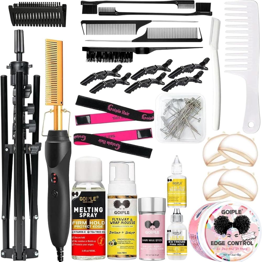 imageElectric Hot Comb Hair Straightener Deluxe Electrical Straightening Comb Curling Iron for Natural Black Wigs Hot Comb Electric for Wigs Pressing Combs with Wig Glue Melting Spray Hair Wax StickGold52pcs