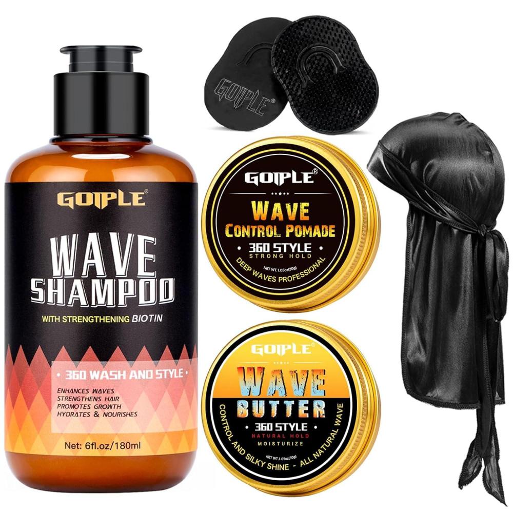 imageGoiple 360 Wave Shampoo Wave Pomade Strong Hold 360 Training Hair Cream Wave Butter for Men Pocket Palm Brush Curved Brush Silky Durags for Men Extra Long Tails Wave Brush Wave Cap Set