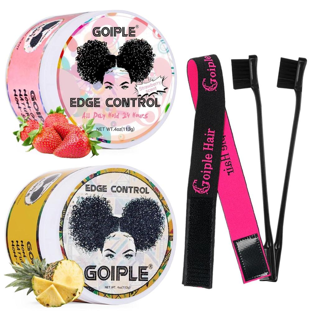 imageGoiple Edge Control Wax for Women Strong Hold Nongreasy Edge Smoother Pink 1Pack and Yellow 1Pack 4oz with Brush 2Pcs and Scarf