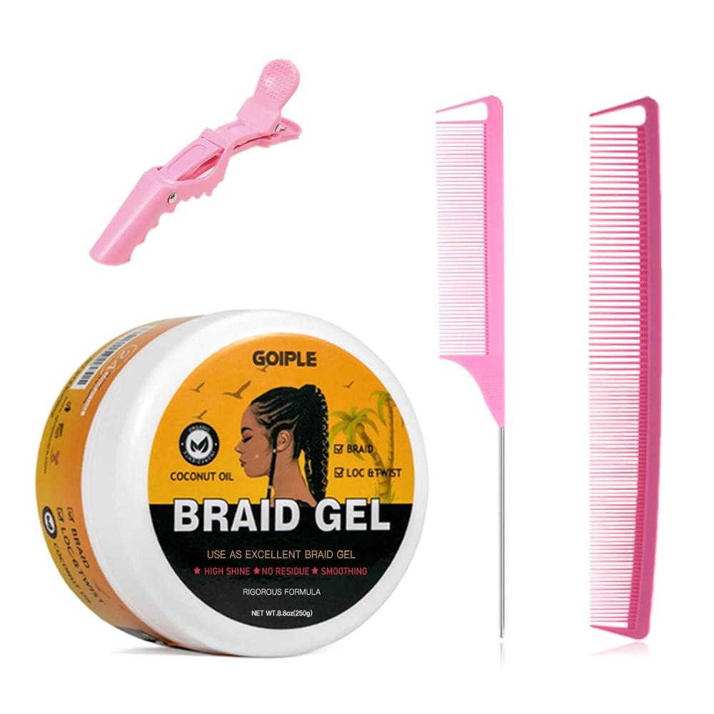 imageGoiple Strong Hold Braid Gel Good for Twist Locs Braids Edge No Flake Extra Hold High Shine Braiding Gel ampamp Edge Control 88oz with Hair CombsBraid Gel Brush Set