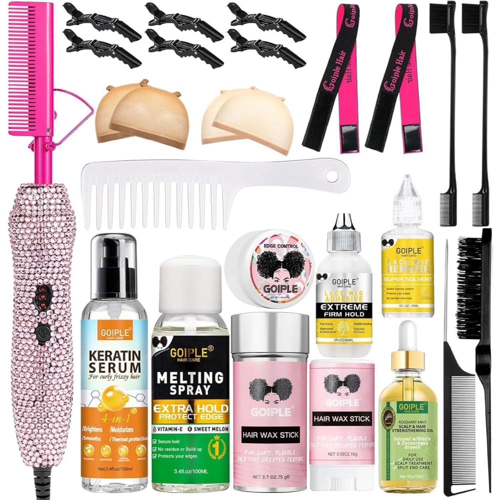 imageHot Comb Hair Straightener Set for Lace Front Wigs  Heat Pressing Combs Ceramic Curling Flat Iron Electric Hot Comb for Wigs  Hair Straighteners Straightening Comb for Women Wig Installation KitPink