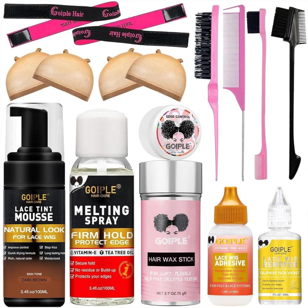 imageLace Tint Mousse Wig Milk Spray for Synthetic Hair Leavein Conditioner Spray Conditioner Detangler Moisturizer Wig Glue for Lace Front Wigs Strong Hold Hair Adhesive Wigs Accessory Essentials KitDark brown16pcs