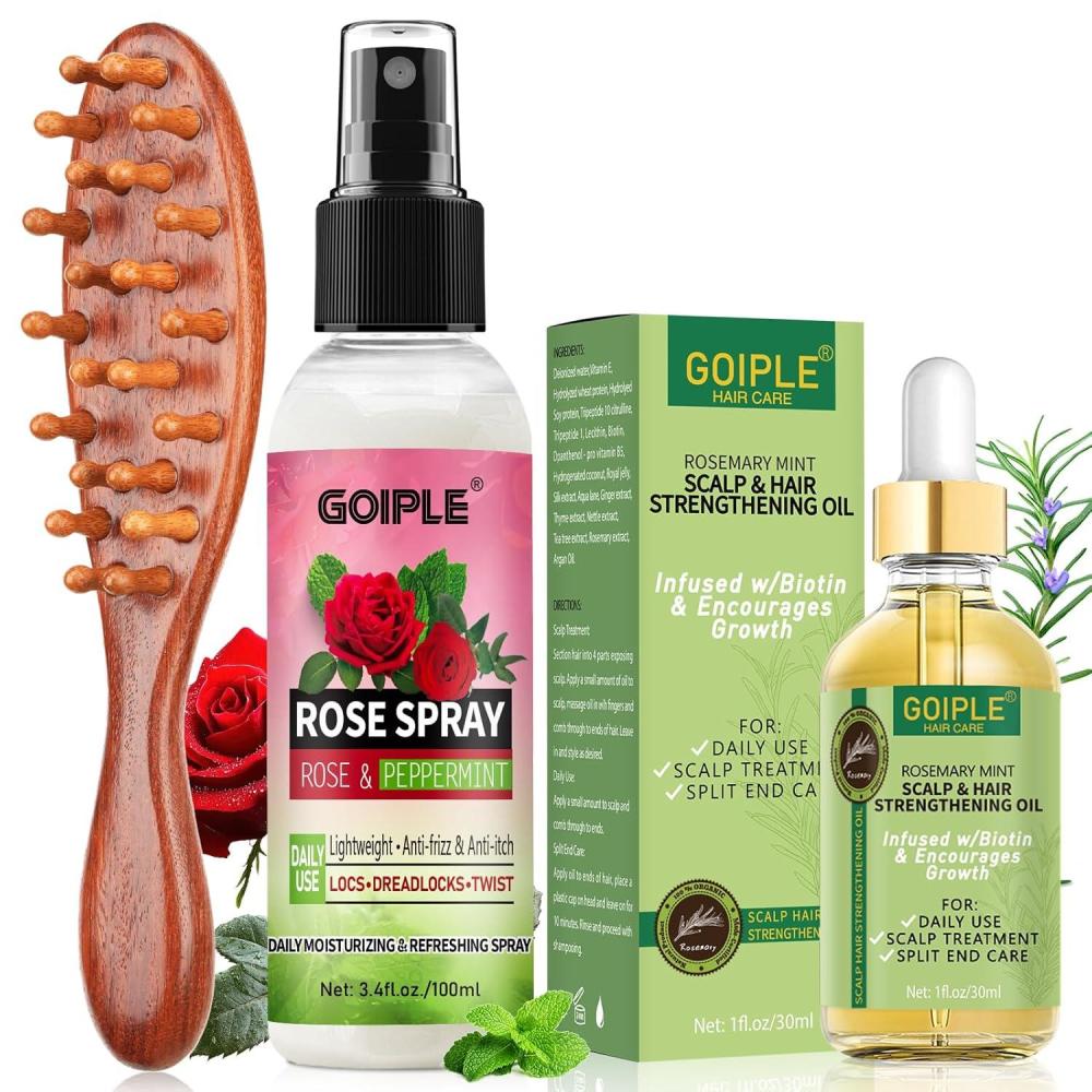 imageRose Water for Hair Loc Spray Refreshing for Locs Rose Water Hair Scalp Moisturizer Hydrating Dreadlock  Loc Brush for Dreads Comfortable Massage Wide Tooth Comb ampamp Rosemary Oil for Hair Growth Set