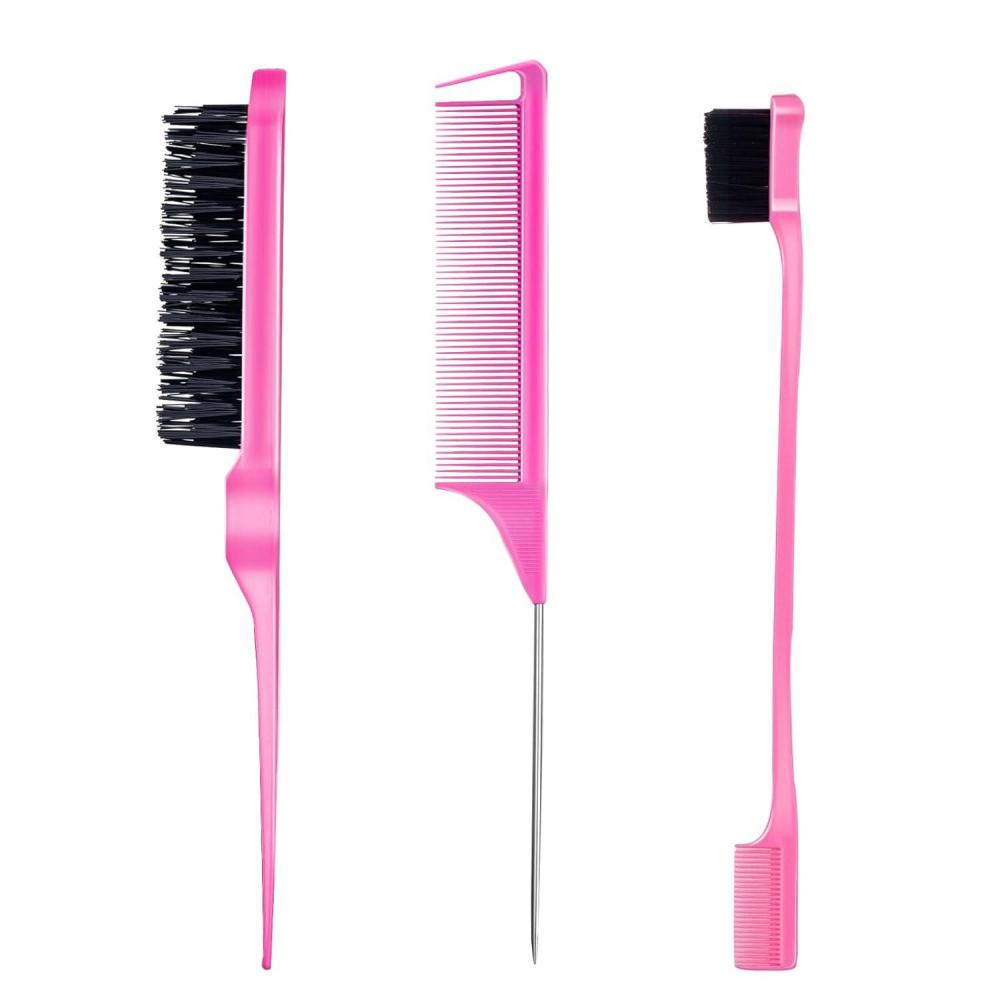 imageSlick Back Hair Brush ampamp Wax Stick Set for Slick Back Hair Teasing Boar Bristle Hair Brush for Sleek Control Flyaways ampamp Baby Hairs Wax Stick for Women Sectioning ampamp Smoothing Ponytail BunPink