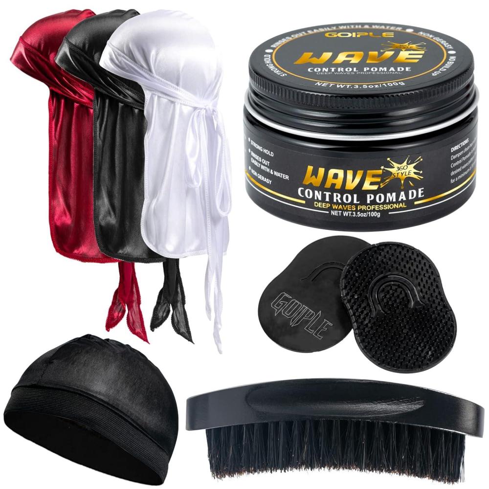 imageWave Pomade for Men Strong Hold Easy Wash 360 Wave Training Hair Cream Waves Grease for Men Promotes Layered Waves Moisture Control and Silky Shine Pomade Brushe Silky Durag Cap Set