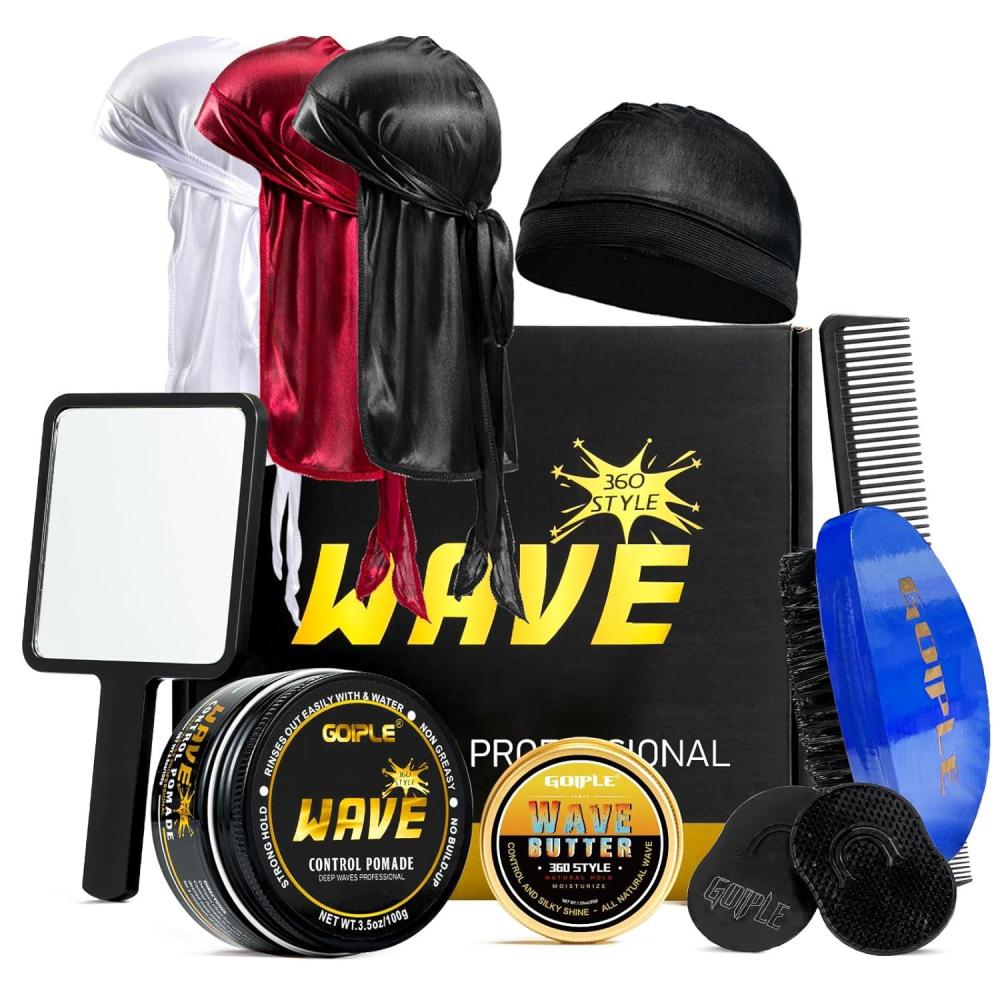 imageWave Pomade for Men Strong Hold Easy Wash 360 Wave Training Hair Cream Waves Grease for Men Promotes Layered Waves Moisture Silky Shine Wave Pomade Wave Brushe Silky Durag Wave Cap Set Blue