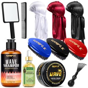 360 Wave Kit for Men Grooming Kit for 360 Waves – 3 Wave Brushes, Soft, Medium & Hard – Satin Durag, Hand Mirror, Hair Comb, Hair Brush Cleaner, Wave Pomade & Shampoo & Rosemary Oil – Best Gift Set