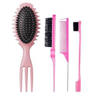 Curly Hair Boar Bristle Curl Defining Brush for Curl Wave Straight Hair, Unique Trident Handle Design Defineing Brush for Wet Dry Hairs, Styling Massage Hairbrush Hairs Pick Comb Edge Comb Pink(curl brush-pink-4pcs)