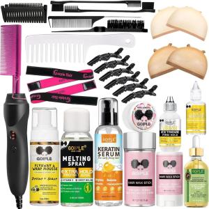 Electric Hot Comb Hair Straightener, Deluxe Electrical Straightening Comb Curling Iron for Natural Black Wigs, Hot Comb Electric for Wigs Pressing Combs with Wig Glue Melting Spray Hair Wax Stick(Pink-28pcs)