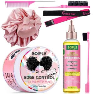 Goiple Edge Control Wax for Women Strong Hold Non-greasy Edge Smoother Strawberry Scent Edge Control Wax + Edge Scarf + Hair Bonnet, Pink(Edge Control Set-7pcs)