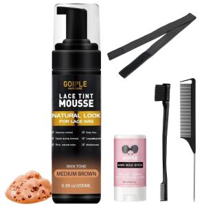 Lace Tint Melting Hair Mousse, 6.8 fl oz Lace Tint Mousse for Women Hair Wigs Lace Wigs Toupees and Hairpieces Natural Finishing Lace Color, Lace Tint for Wigs Tool Set (Light Brown)(Medium Brown-5pcs)