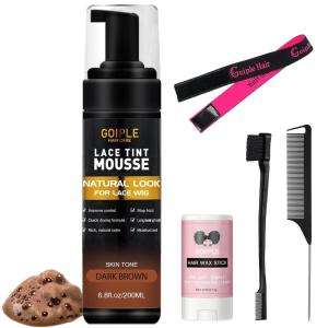 Lace Tint Melting Hair Mousse, 6.8 fl oz Lace Tint Mousse for Women Hair Wigs Lace Wigs Toupees and Hairpieces Natural Finishing Lace Color, Lace Tint for Wigs Tool Set (Light Brown)(Dark Brown-5pcs)