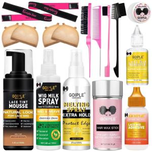 Lace Tint Mousse Wig Milk Spray for Synthetic Hair, Leave-in Conditioner Spray Conditioner ＆ Detangler Moisturizer, Wig Glue for Lace Front Wigs Strong Hold Hair Adhesive Wigs Accessory Essentials Kit(Medium brown-17pcs)