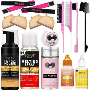 Lace Tint Mousse Wig Milk Spray for Synthetic Hair, Leave-in Conditioner Spray Conditioner ＆ Detangler Moisturizer, Wig Glue for Lace Front Wigs Strong Hold Hair Adhesive Wigs Accessory Essentials Kit(Light brown-16pcs)