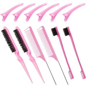Slick Back Hair Brush & Wax Stick Set for Slick Back Hair – Teasing Boar Bristle Hair Brush for Sleek, Control, Flyaways & Baby Hairs – Wax Stick for Women Sectioning & Smoothing Ponytail Bun(Pink Comb Set-12pcs)