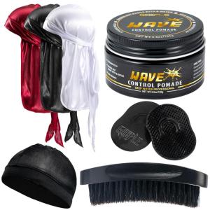 Wave Pomade for Men Strong Hold Easy Wash 360 Wave Training Hair Cream, Waves Grease for Men Promotes Layered Waves, Moisture, Control and Silky Shine Pomade Brushe Silky Durag Cap Set