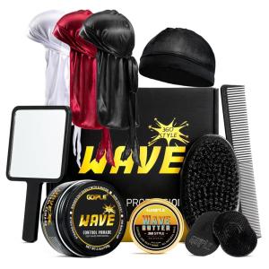 Wave Pomade for Men Strong Hold Easy Wash Hair Cream Grease, Promotes Layered Waves, Moisture, Shine, Brush and Durag Cap Set