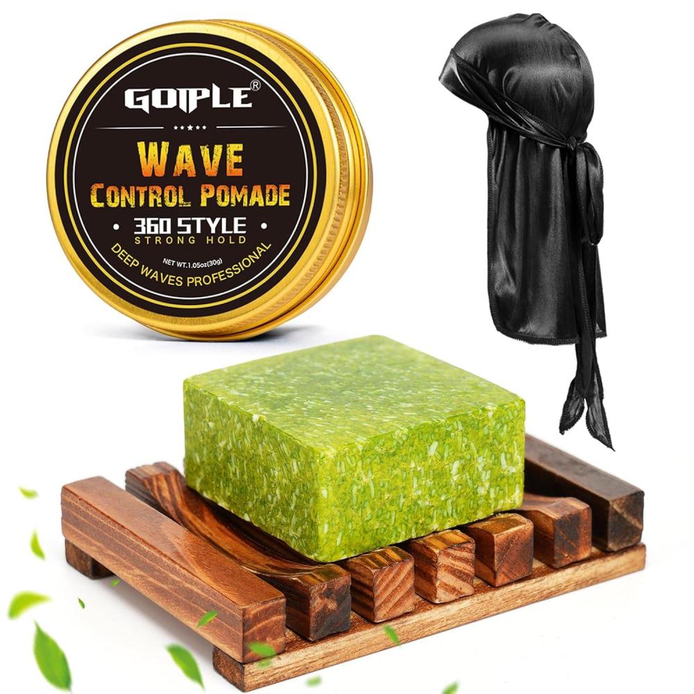 imageWave Pomade Soap Shampoo Bar ampamp Wooden Holder for Men  360 Wave Greasy Strong Hold Easy Wash 360 Training Hair Cream  Waves Silky Satin Durag Extra Long Tails Waves Cap Waves Kit for Black Hair