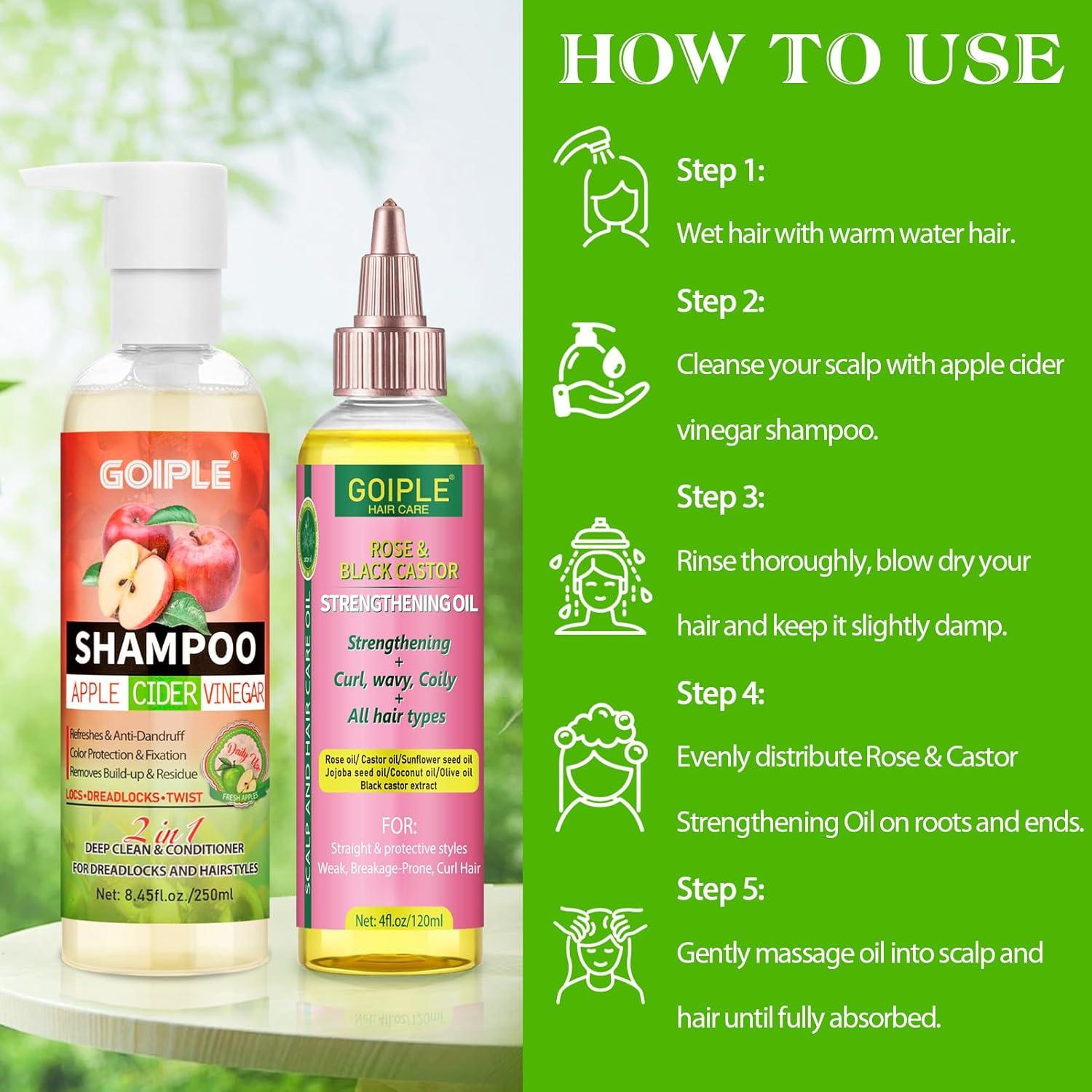 image2 in 1 Deep Clean ampamp Conditioner Apple Cider Vinegar Shampoo Rose ampamp Castor Hair Oil for Hair Growth Strengthening Hair Oil  Braid Shampoo Hair Growt Oil Set For Dreadlocks Locs Twist All Hair Typesshampoocastor oil2pcs
