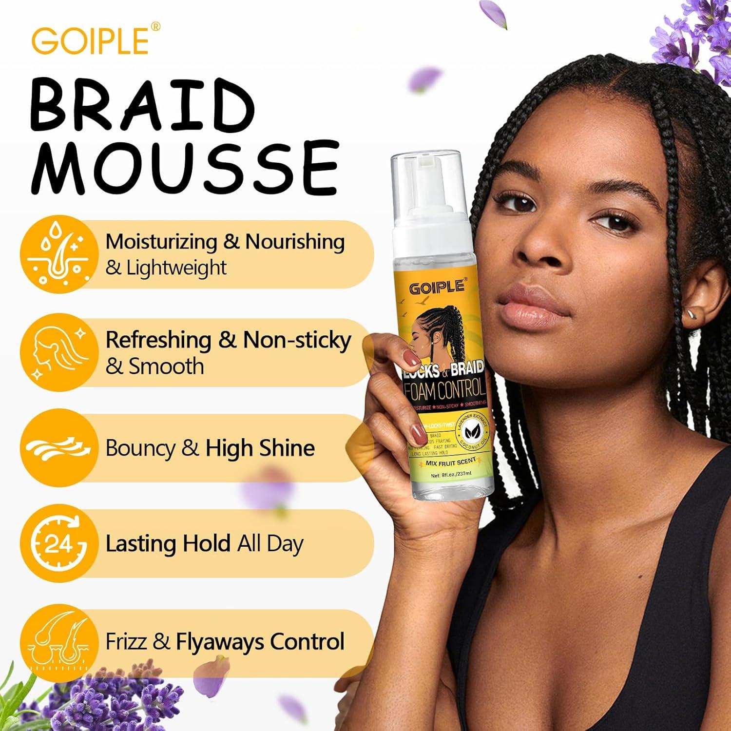 imageBraid Foam Control Braid Mousse for Braids Twist Locs No Flake Extra Hold High Shine Style and Moisturizes Hair Braiding Mousse for Braids Lightweight Easy to Apply Moose Hair Foam Loc Hair Brush