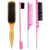imageBoar Bristle Slick Back Hair Brush for Smooth Flyaways Frizz Sleek Ponytail Buns and Edge Baby Hair Teasing  Hair Comb Edge Brush Teasing Brush Rat Tail Comb for Girls Kids Women ampamp Men Pink
