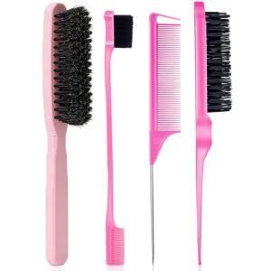 Boar Bristle Slick Back Hair Brush for Smooth Flyaways, Frizz, Sleek Ponytail, Buns and Edge Baby Hair | Hair Comb, Edge Brush, Teasing Brush Styling Accessories for Girls, Kids, Women & Men (Pink)