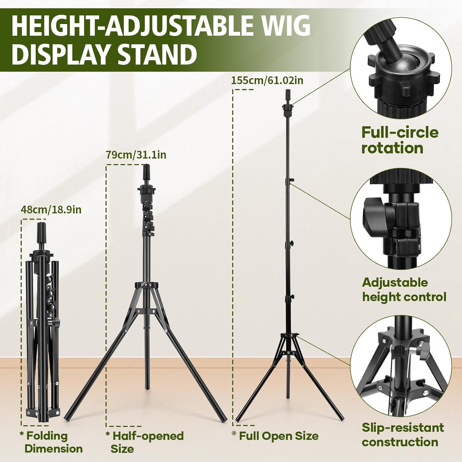 image:imageWig Stand Tripod Metal Adjustable Mannequin Head Stand Mannequin Wig Head with Mount Hole Manikin Head for Wigs Making Drying Styling and Display Wigs Shampoo amp Milk Spray T Pins Hair Cap Set