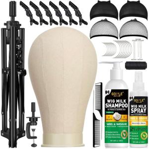 Wig Stand Tripod Metal Adjustable Mannequin Head Stand – Mannequin Wig Head with Mount Hole, Manikin Head for Wigs Making, Drying, Styling and Display – Wigs Shampoo & Milk Spray T Pins Hair Cap Set