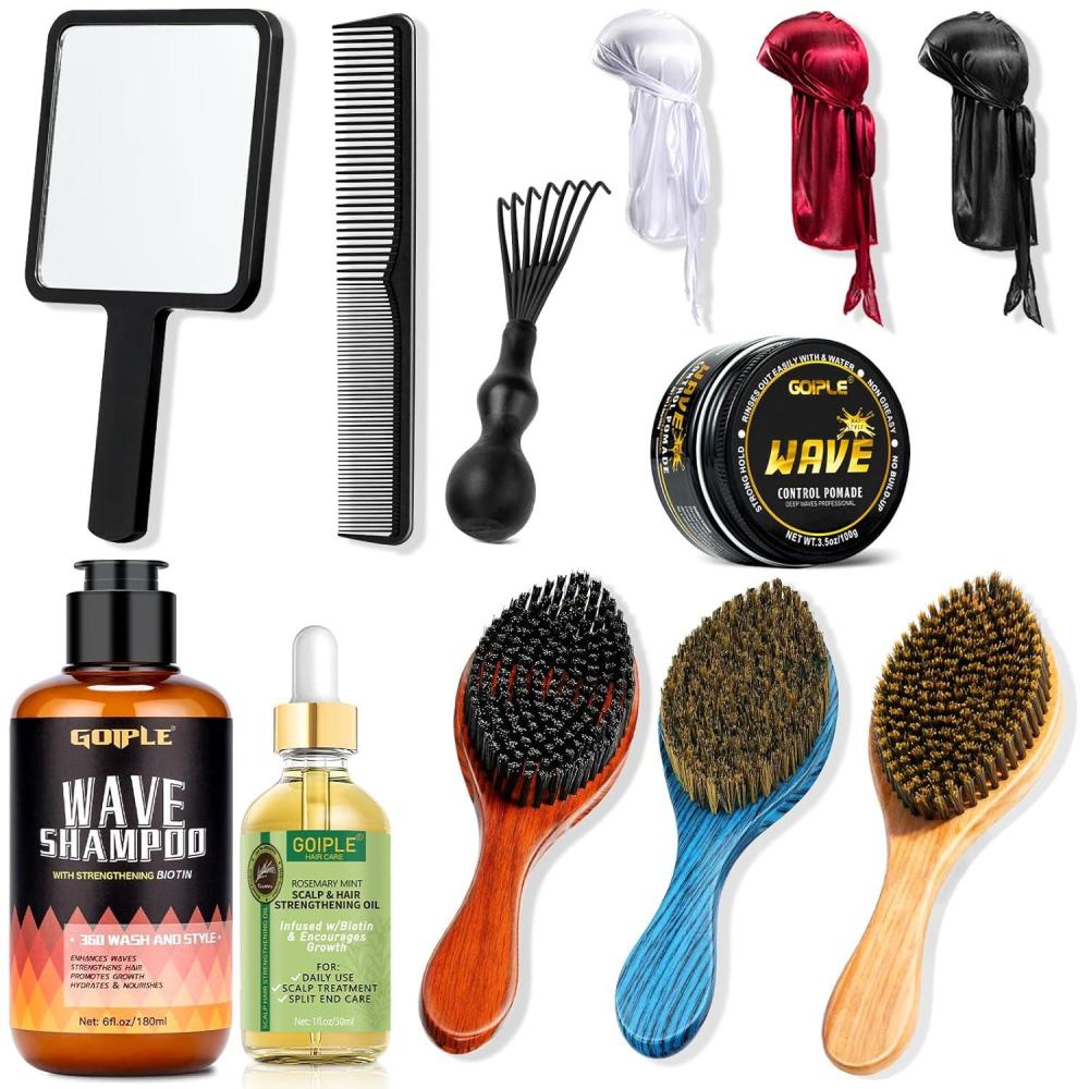 image:imageWave Kit for 360 Waves Wave Brush Wave Styler Great for Men Wolfing Wave 3 Wave Handle Brushes Soft Medium amp Hard Satin Durag Hand Mirror Hair Comb Hair Brush Cleaner Wave PomadeampShampoo