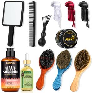 Wave Kit for 360 Waves – Wave Brush Wave Styler Great for Men Wolfing Wave – 3 Wave Handle Brushes, Soft, Medium & Hard- Satin Durag, Hand Mirror, Hair Comb, Hair Brush Cleaner, Wave Pomade&Shampoo
