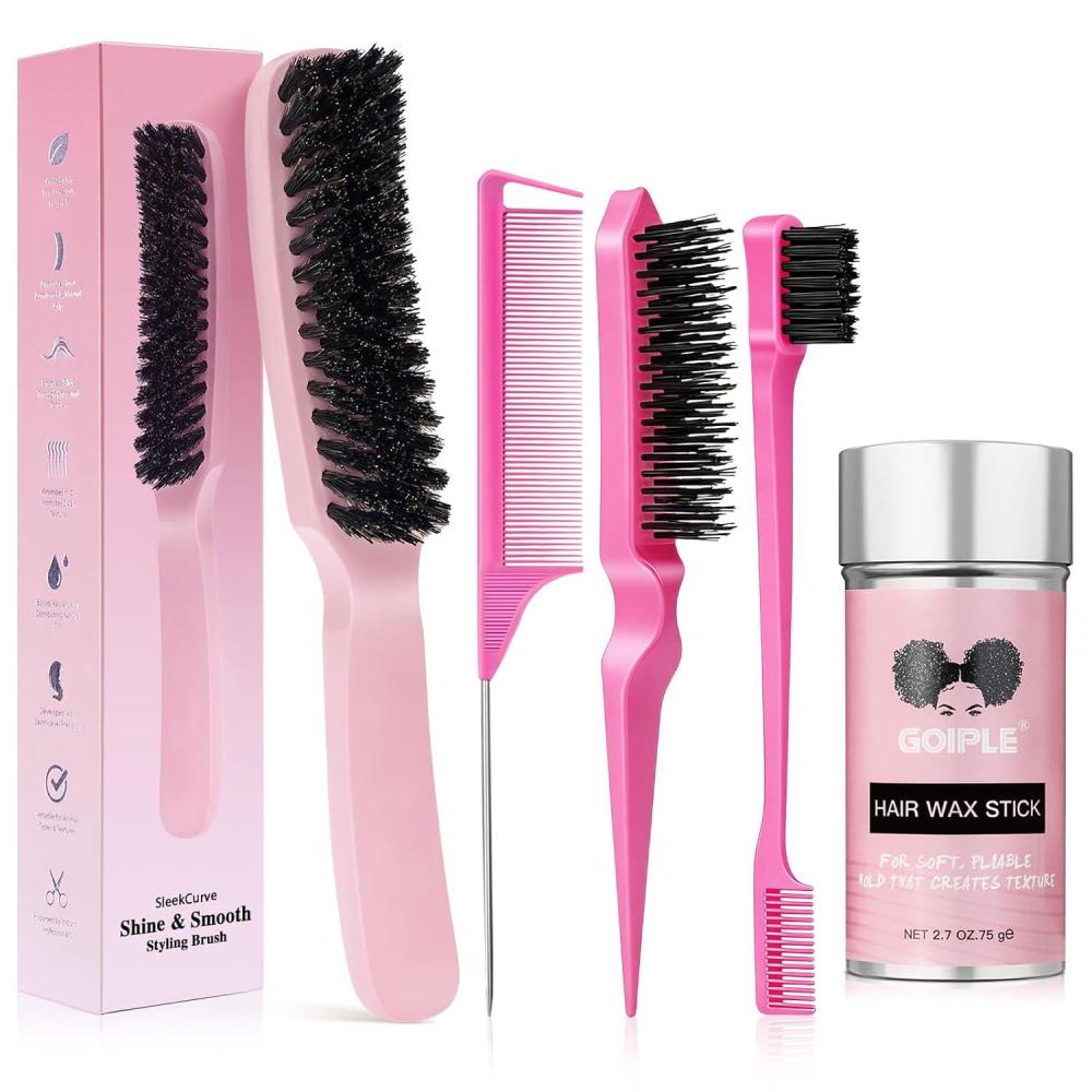image:imageBoar Bristle Slick Back Hair Brush Wax Stick for Smooth Flyaways Frizz Sleek Ponytail Buns and Edge Baby Hair Hair Comb Edge Brush Teasing Brush Styling Accessories for Girls Kids Women amp Men