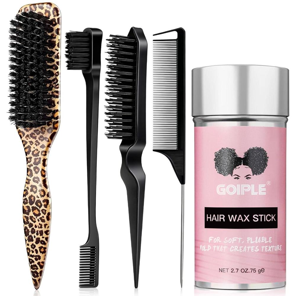 image:imageSlick Back Hair Brush Set Teasing Bristle Brush Hair Wax Stick Edge Brushes Rat Tail Comb Teasing Comb Wooden Slickback Hairbrush Accessories Smoothing Combs for Women amp KidsLeopard